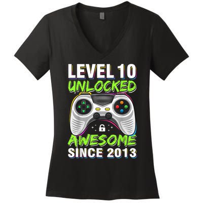 Ten 10yr BDay Son Boy Funny Gamer 10th 10 Year Old Birthday Women's V-Neck T-Shirt