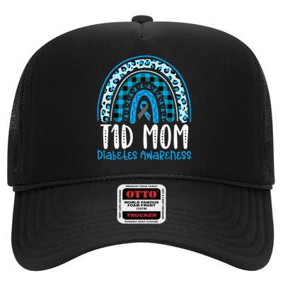 Type 1 Diabetes Awareness T1D Mom Blue Ribbon Rainbow High Crown Mesh Back Trucker Hat