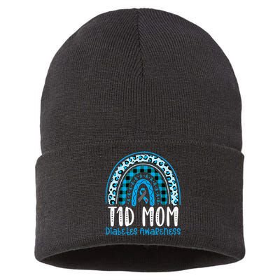 Type 1 Diabetes Awareness T1D Mom Blue Ribbon Rainbow Sustainable Knit Beanie