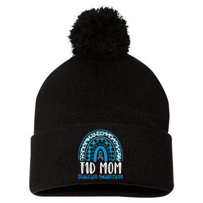 Type 1 Diabetes Awareness T1D Mom Blue Ribbon Rainbow Pom Pom 12in Knit Beanie