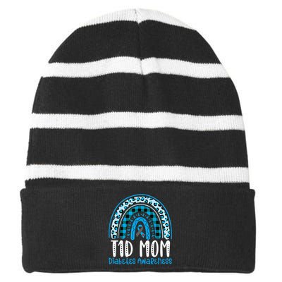 Type 1 Diabetes Awareness T1D Mom Blue Ribbon Rainbow Striped Beanie with Solid Band