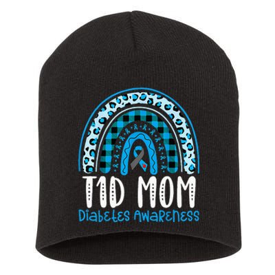 Type 1 Diabetes Awareness T1D Mom Blue Ribbon Rainbow Short Acrylic Beanie