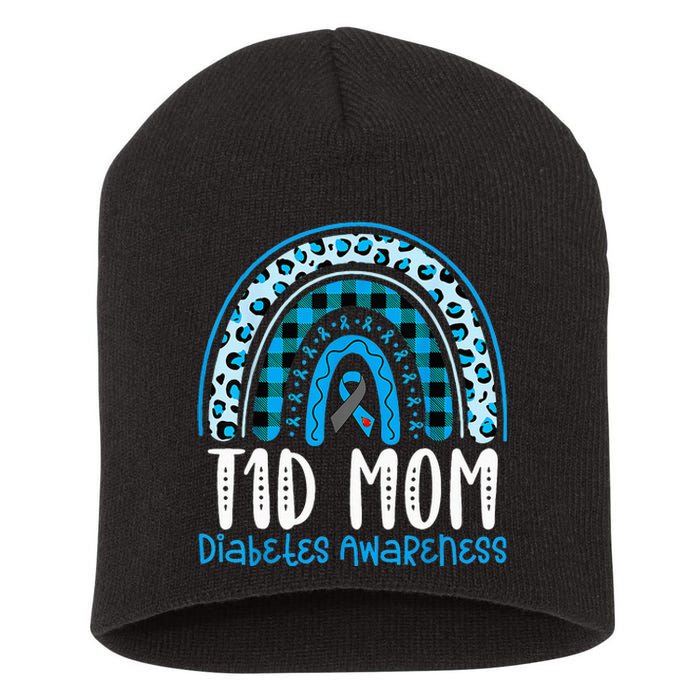 Type 1 Diabetes Awareness T1D Mom Blue Ribbon Rainbow Short Acrylic Beanie