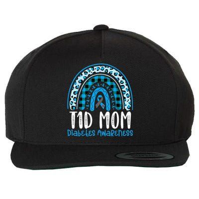 Type 1 Diabetes Awareness T1D Mom Blue Ribbon Rainbow Wool Snapback Cap