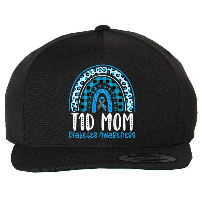 Type 1 Diabetes Awareness T1D Mom Blue Ribbon Rainbow Wool Snapback Cap