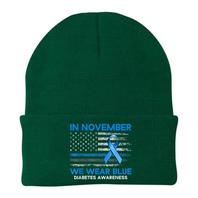 Type 1 Diabetes Awareness American US Flag Blue Ribbon Gifts Knit Cap Winter Beanie