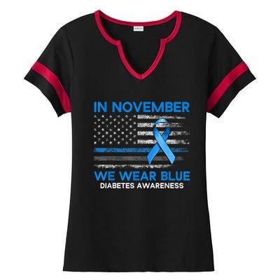 Type 1 Diabetes Awareness American US Flag Blue Ribbon Gifts Ladies Halftime Notch Neck Tee