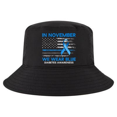 Type 1 Diabetes Awareness American US Flag Blue Ribbon Gifts Cool Comfort Performance Bucket Hat