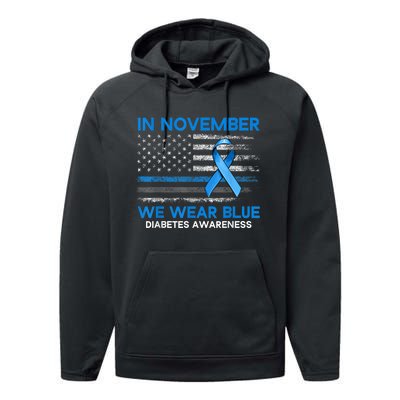 Type 1 Diabetes Awareness American US Flag Blue Ribbon Gifts Performance Fleece Hoodie