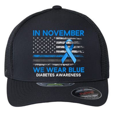 Type 1 Diabetes Awareness American US Flag Blue Ribbon Gifts Flexfit Unipanel Trucker Cap