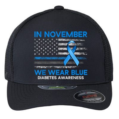 Type 1 Diabetes Awareness American US Flag Blue Ribbon Gifts Flexfit Unipanel Trucker Cap