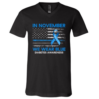 Type 1 Diabetes Awareness American US Flag Blue Ribbon Gifts V-Neck T-Shirt