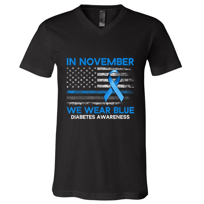 Type 1 Diabetes Awareness American US Flag Blue Ribbon Gifts V-Neck T-Shirt