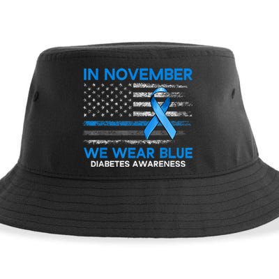 Type 1 Diabetes Awareness American US Flag Blue Ribbon Gifts Sustainable Bucket Hat