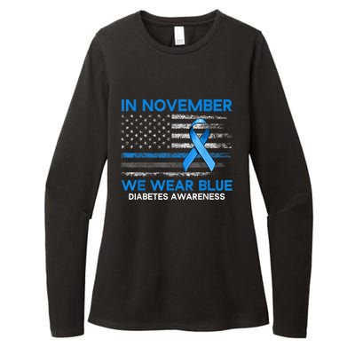 Type 1 Diabetes Awareness American US Flag Blue Ribbon Gifts Womens CVC Long Sleeve Shirt