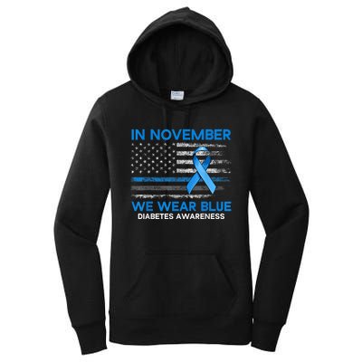 Type 1 Diabetes Awareness American US Flag Blue Ribbon Gifts Women's Pullover Hoodie