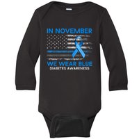 Type 1 Diabetes Awareness American US Flag Blue Ribbon Gifts Baby Long Sleeve Bodysuit