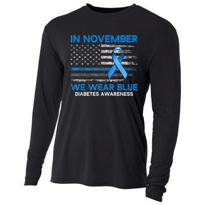 Type 1 Diabetes Awareness American US Flag Blue Ribbon Gifts Cooling Performance Long Sleeve Crew