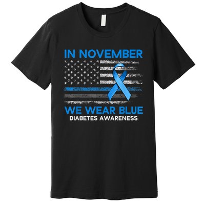 Type 1 Diabetes Awareness American US Flag Blue Ribbon Gifts Premium T-Shirt