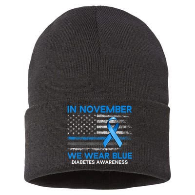 Type 1 Diabetes Awareness American US Flag Blue Ribbon Gifts Sustainable Knit Beanie