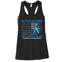 Type 1 Diabetes Awareness American US Flag Blue Ribbon Gifts Women's Racerback Tank