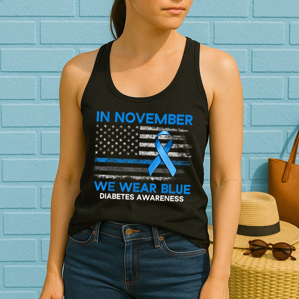 Type 1 Diabetes Awareness American US Flag Blue Ribbon Gifts Womens Tank Top