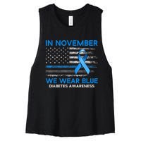 Type 1 Diabetes Awareness American US Flag Blue Ribbon Gifts Women's Racerback Cropped Tank