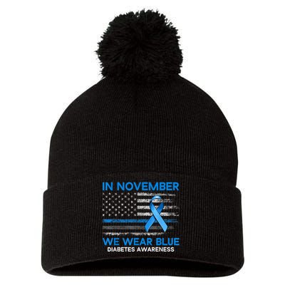 Type 1 Diabetes Awareness American US Flag Blue Ribbon Gifts Pom Pom 12in Knit Beanie