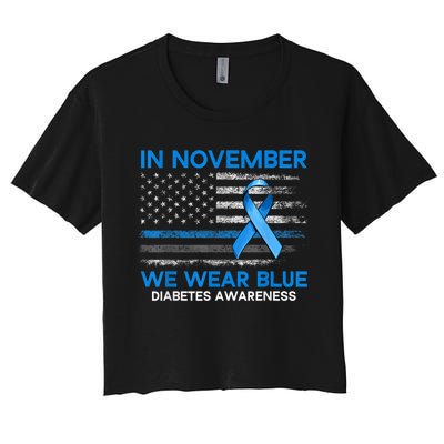 Type 1 Diabetes Awareness American US Flag Blue Ribbon Gifts Women's Crop Top Tee