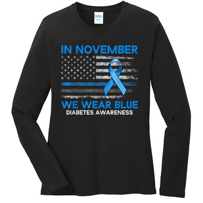 Type 1 Diabetes Awareness American US Flag Blue Ribbon Gifts Ladies Long Sleeve Shirt