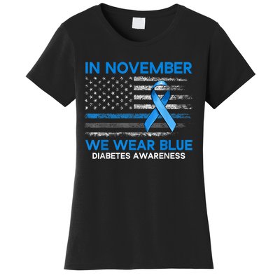 Type 1 Diabetes Awareness American US Flag Blue Ribbon Gifts Women's T-Shirt