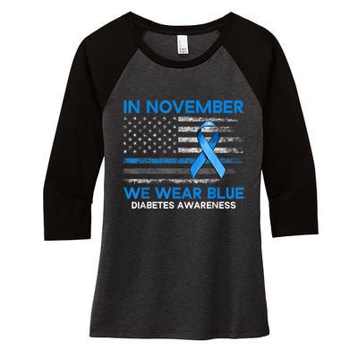 Type 1 Diabetes Awareness American US Flag Blue Ribbon Gifts Women's Tri-Blend 3/4-Sleeve Raglan Shirt