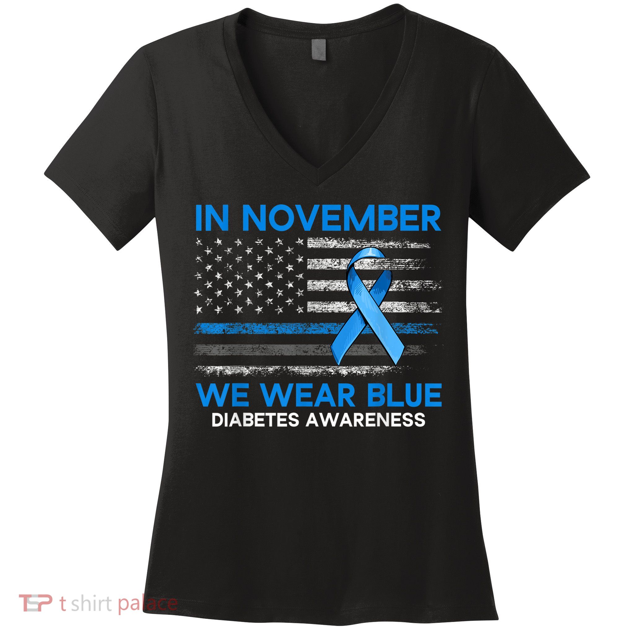 Type 1 Diabetes Awareness American US Flag Blue Ribbon Gifts Women's V-Neck T-Shirt