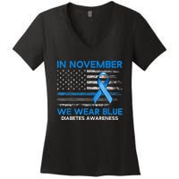 Type 1 Diabetes Awareness American US Flag Blue Ribbon Gifts Women's V-Neck T-Shirt