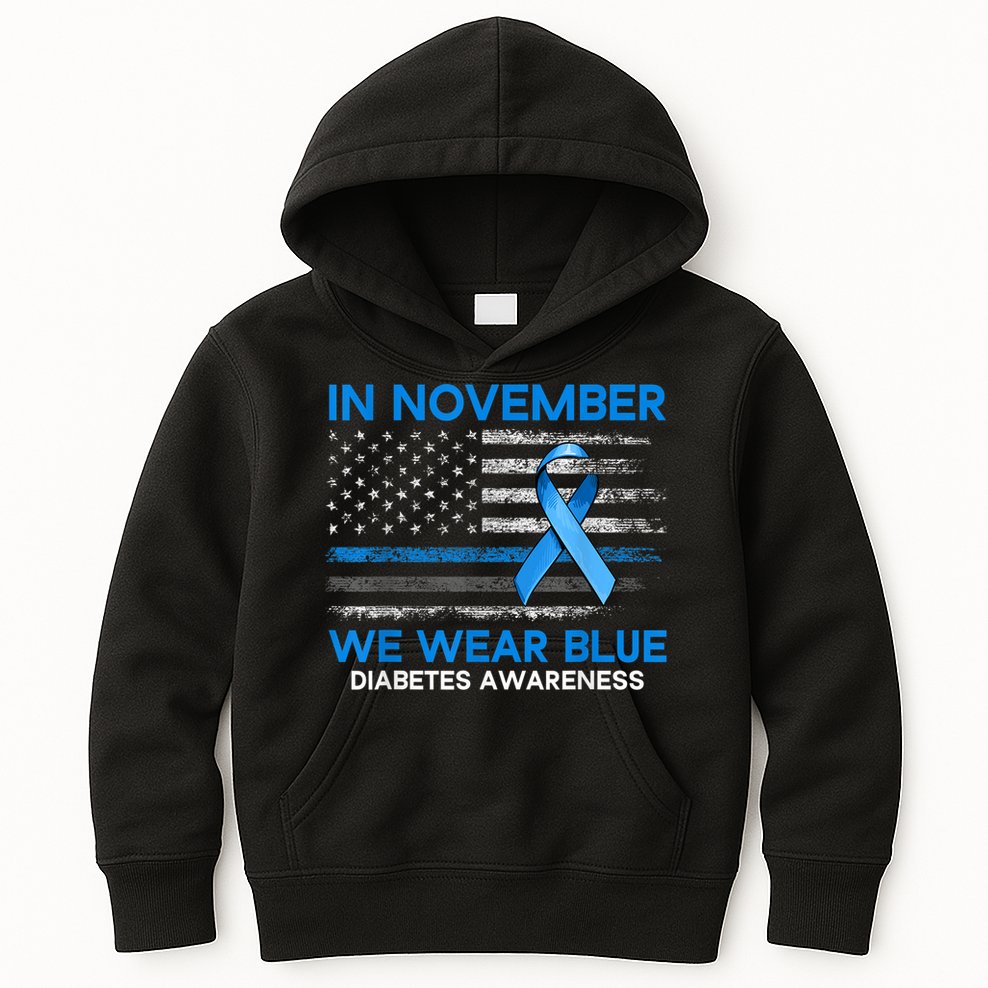 Type 1 Diabetes Awareness American US Flag Blue Ribbon Gifts Kids Hoodie