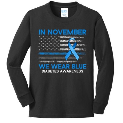 Type 1 Diabetes Awareness American US Flag Blue Ribbon Gifts Kids Long Sleeve Shirt