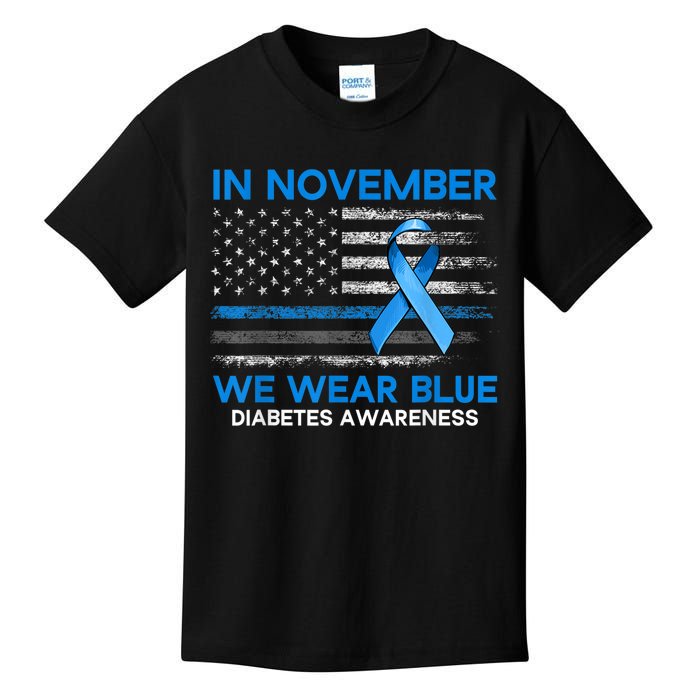 Type 1 Diabetes Awareness American US Flag Blue Ribbon Gifts Kids T-Shirt