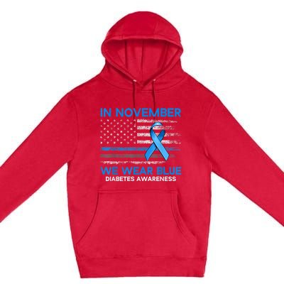 Type 1 Diabetes Awareness American US Flag Blue Ribbon Gifts Premium Pullover Hoodie