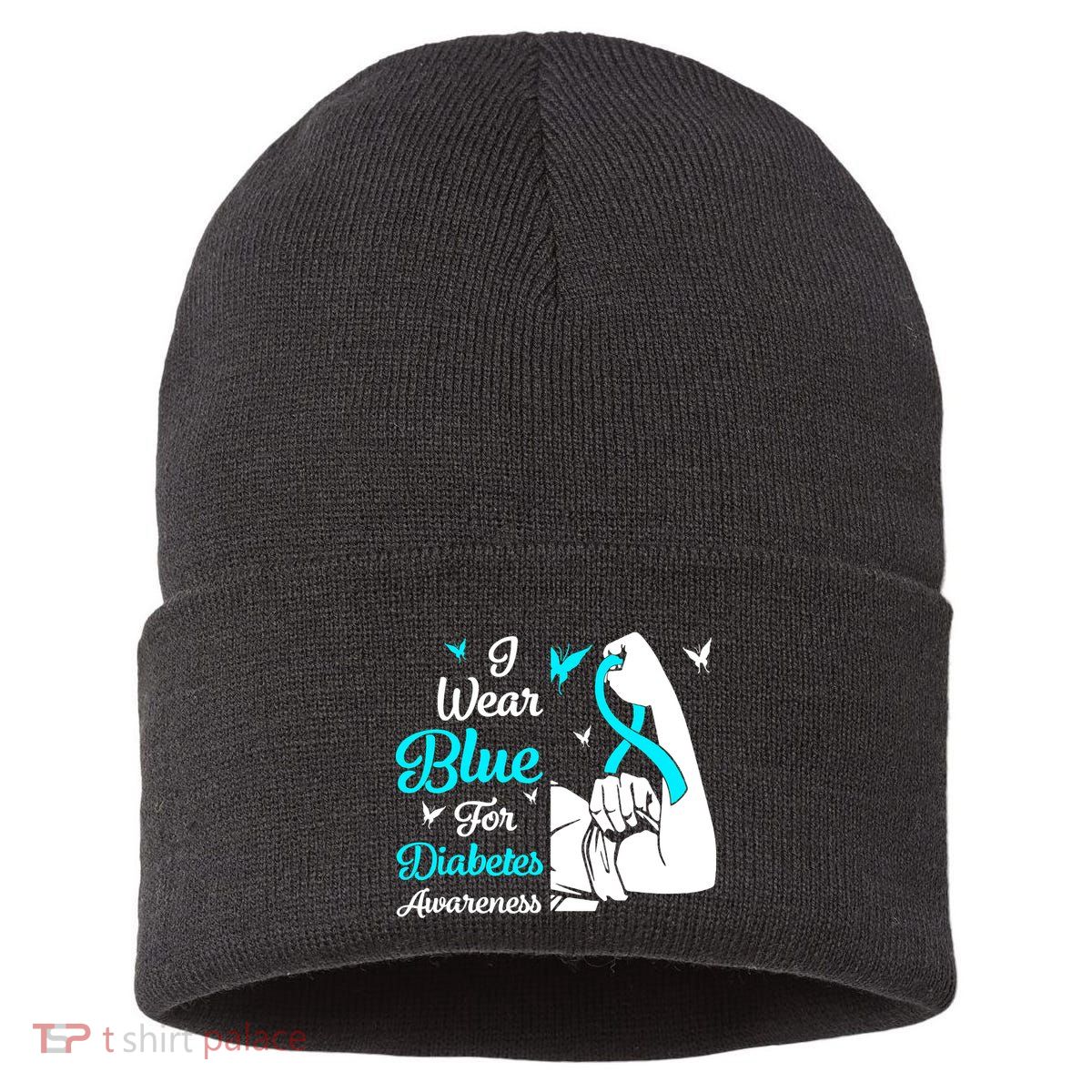 Type 1 Diabetes Awareness Bleached Rainbow Blue Ribbon Sustainable Knit Beanie