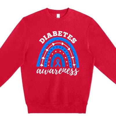 Type 1 Diabetes Awareness Ribbon T1D Blue Leopard Rainbow Premium Crewneck Sweatshirt