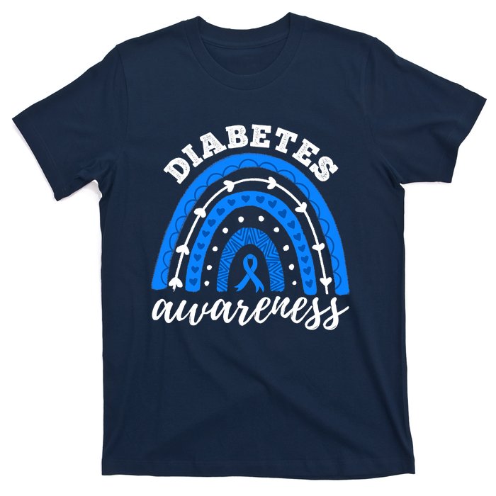 Type 1 Diabetes Awareness Ribbon T1D Blue Leopard Rainbow T-Shirt