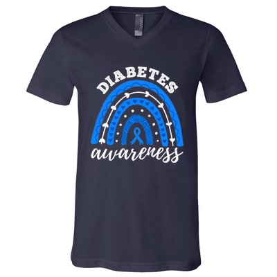 Type 1 Diabetes Awareness Ribbon T1D Blue Leopard Rainbow V-Neck T-Shirt