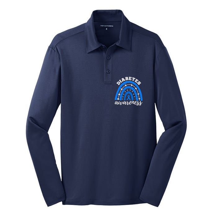 Type 1 Diabetes Awareness Ribbon T1D Blue Leopard Rainbow Silk Touch Performance Long Sleeve Polo