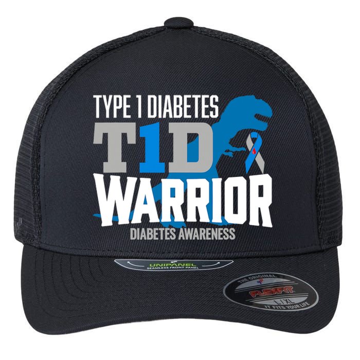 Type 1 Diabetes Awareness Ribbon T1D T Rex Dinosaur Flexfit Unipanel Trucker Cap