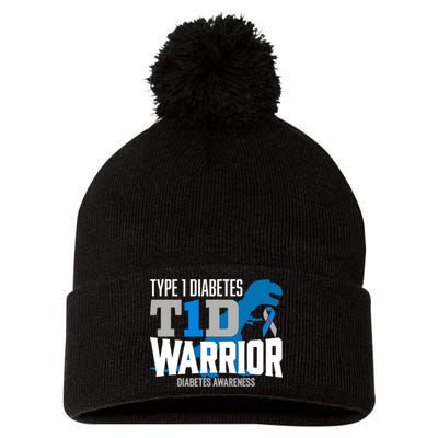 Type 1 Diabetes Awareness Ribbon T1D T Rex Dinosaur Pom Pom 12in Knit Beanie