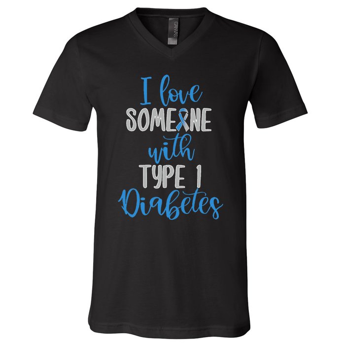 Type 1 Diabetes Love Juvenile Diabetes Blue Awareness Ribbon V-Neck T-Shirt