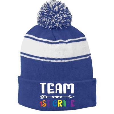 Team 1St Grade 1St Grade Gift Stripe Pom Pom Beanie