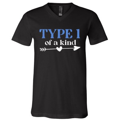 Type 1 Of A Kind T1D Warrior Diabetes Awareness Blue Ribbon V-Neck T-Shirt