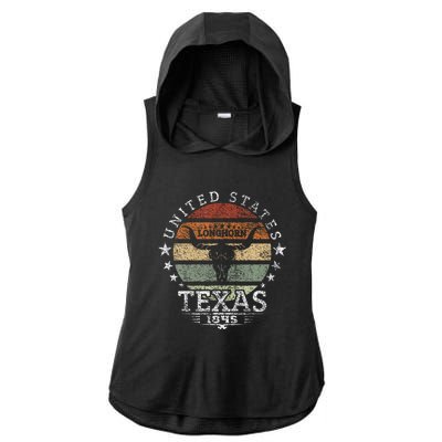 Texas 1845 Vintage Longhorn Cowboy And Rodeo Fan Ladies PosiCharge Tri-Blend Wicking Draft Hoodie Tank