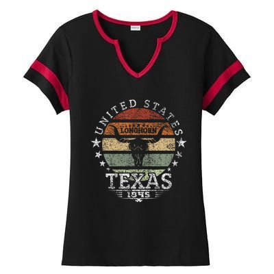 Texas 1845 Vintage Longhorn Cowboy And Rodeo Fan Ladies Halftime Notch Neck Tee